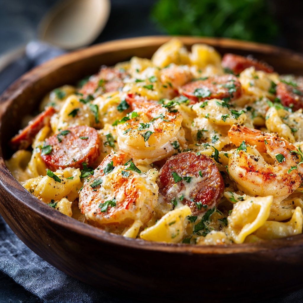 One Pot Creamy Cajun Shrimp Sausage Pasta